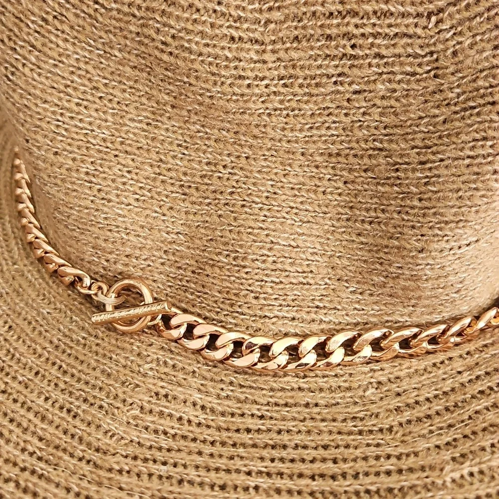 NWT Vince Camuto Women's Panama Hat  Rose Gold Chain Trim Adjustable One Size